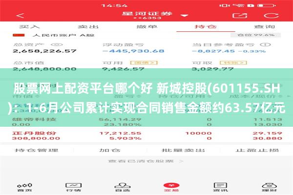 股票网上配资平台哪个好 新城控股(601155.SH)：1-6月公司累计实现合同销售金额约63.57亿元